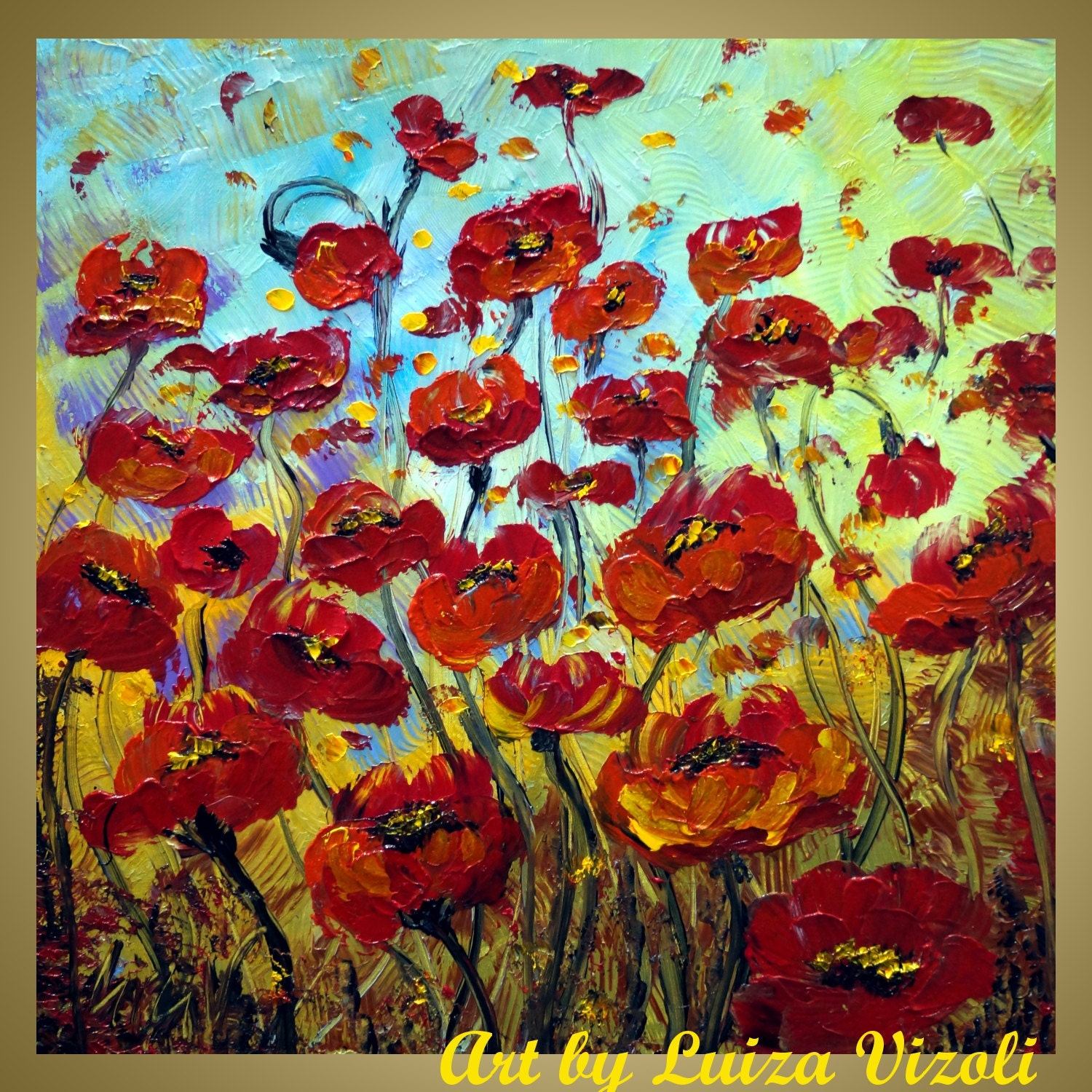 Original Abstract Flowers Palette Knife Impasto Oil Large Painting Orange Red Poppies