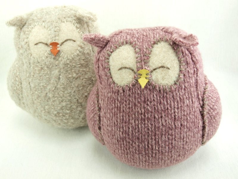 Recycled Sleepy Owl Pink Felted Wool Lamb Wool Stuffing Eco Friendly Room Decor Nursery Decor Height 7"