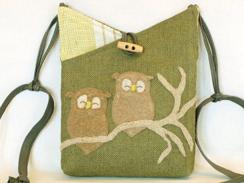 Linen Tote Bag Owl Shoulder Bag Recycled Linen Purse Laptop Bag Moss Green Owl Applique Adjustable Leather Strap Upcycled Eco Friendly