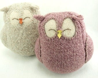Recycled Sleepy Owl Pink Felted Wool Lamb Wool Stuffing Eco Friendly Room Decor Nursery Decor Height 7"