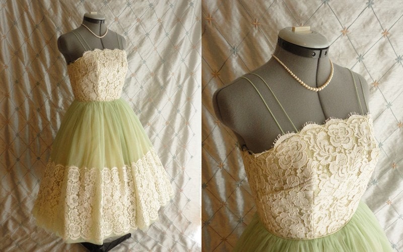 50s Dress // Vintage 1950s Celadon Green and Ivory Chiffon and Lace Prom Dress Size XS