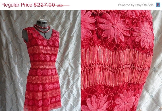 Sale 60s Dress // Vintage Coral and Gold Ribbon Cocktail Mini Dress a Fanchi's Original Beverly Hills Size S