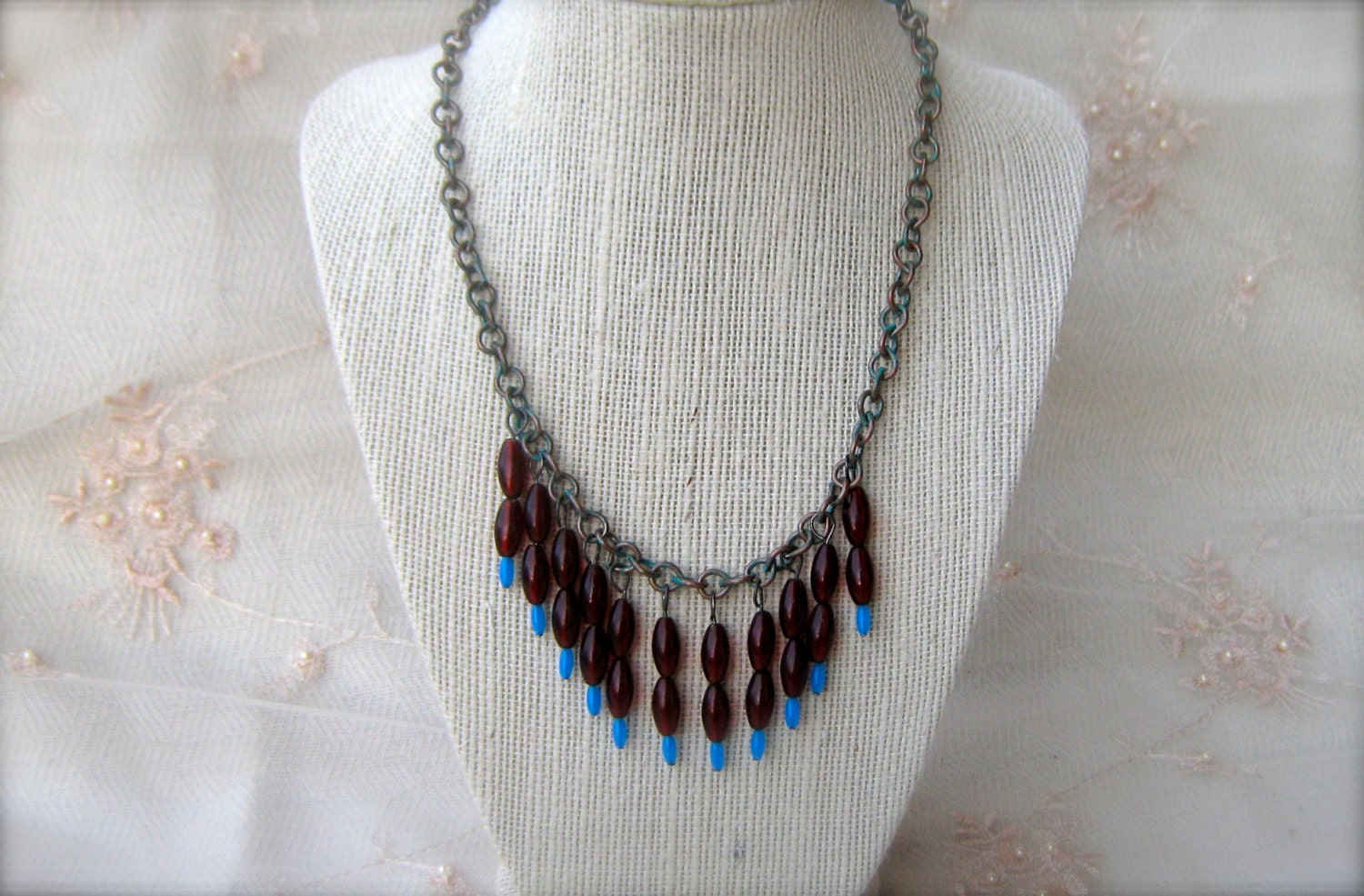 Beaded Fringe Bib Necklace. Boho Feather Necklace. Tribal Statement Necklace. Brown, Blue. Patina Chain Necklace. Indie Jewelry.