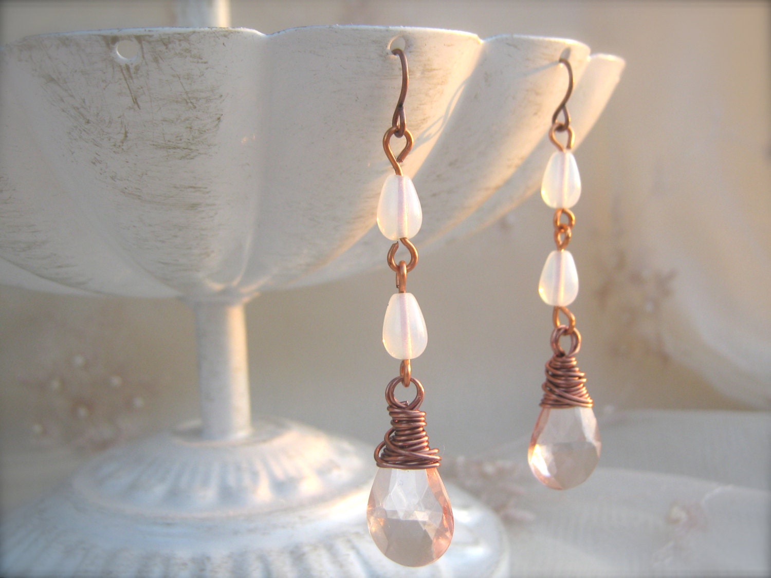 Mermaid Tears Earrings. Pale Pink Dangle Earrings. Wire Wrapped Briolette Crystal Earrings. Long Pink Earrings. Copper and Pink.