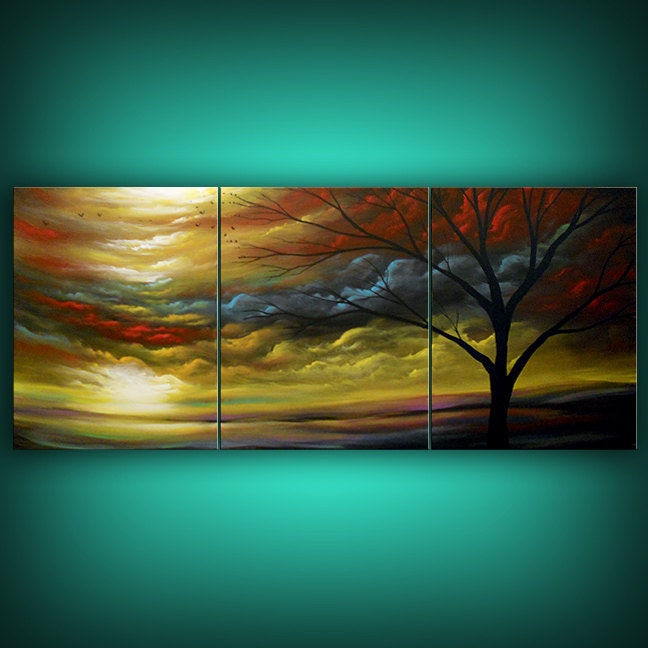 original painting large art abstract landscape painting triptych Original Painting tree painting huge surreal landscape modern 66 x 28