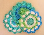 3 Small Crocheted Scalloped Dishcloths / Washcloths - Seaside