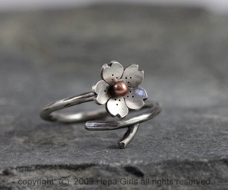 Cherry Blossom Branch Adjustable Ring in Silver, Spring Jewelry, MADE to ORDER, Plum blossom, Twig ring, Bridal accessories, wedding jewelry