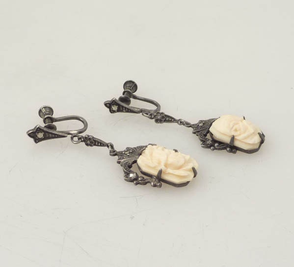 Antique Victorian Bone carved Rose and Sterling Dangling Earrings
