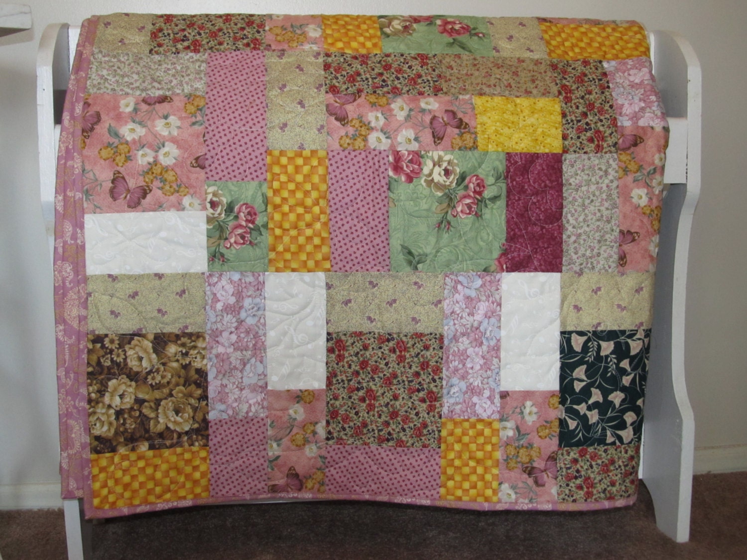 Floral Throw size quilt - Music in my Garden,  58" x 70" Ready to Ship, Mauve, Green, Yellow, and white, Shabby Chic