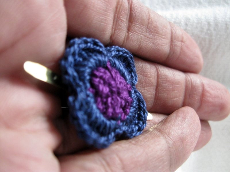 Crochet Lapel Pin, Tiny Blue and Violet Purple Suit Flower