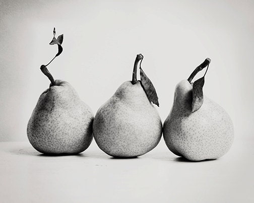 Father's Day fruit photograph - Pear Trio 8x10 fine art image - wall art black and white photography home decor kitchen art