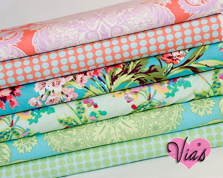 LOVE Heart & Soul Peaches : 6 FAT QUARTERS  Retro Modern Collection Kit Amy Butler Quilt Fabric Bundle Tangerine Orange Lime Aqua Turquoise