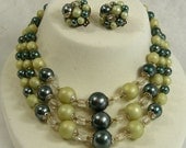 Vintage Japan Necklace Earrings Beads 3 Strand 50s Pearls Lucite Sage Green Dark Forest Green