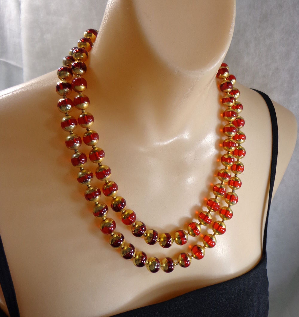 Vintage Japan Necklace Beads 2 Strand 50s Red Gold Lucite
