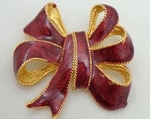 Vintage Maroon Bow Ribbon Brooch Enamel Dark Red Gold Tone Pin Signed TC