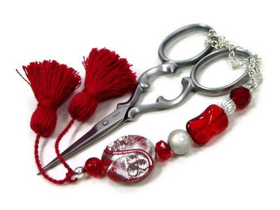 Scissor Fob, Red, Silver, Cross Stitch, Needlepoint