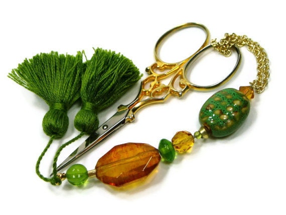 Beaded Scissor Fob Olive, Amber, DIY Crafts, Needlepoint, Cross Stitch, Sewing, Hardanger, Quilting