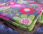 Kitchen Fabric Potholders - Wild Flowers -  Set of 2 - Pot Holder Lime Green Modern Flowers Pink Black and White