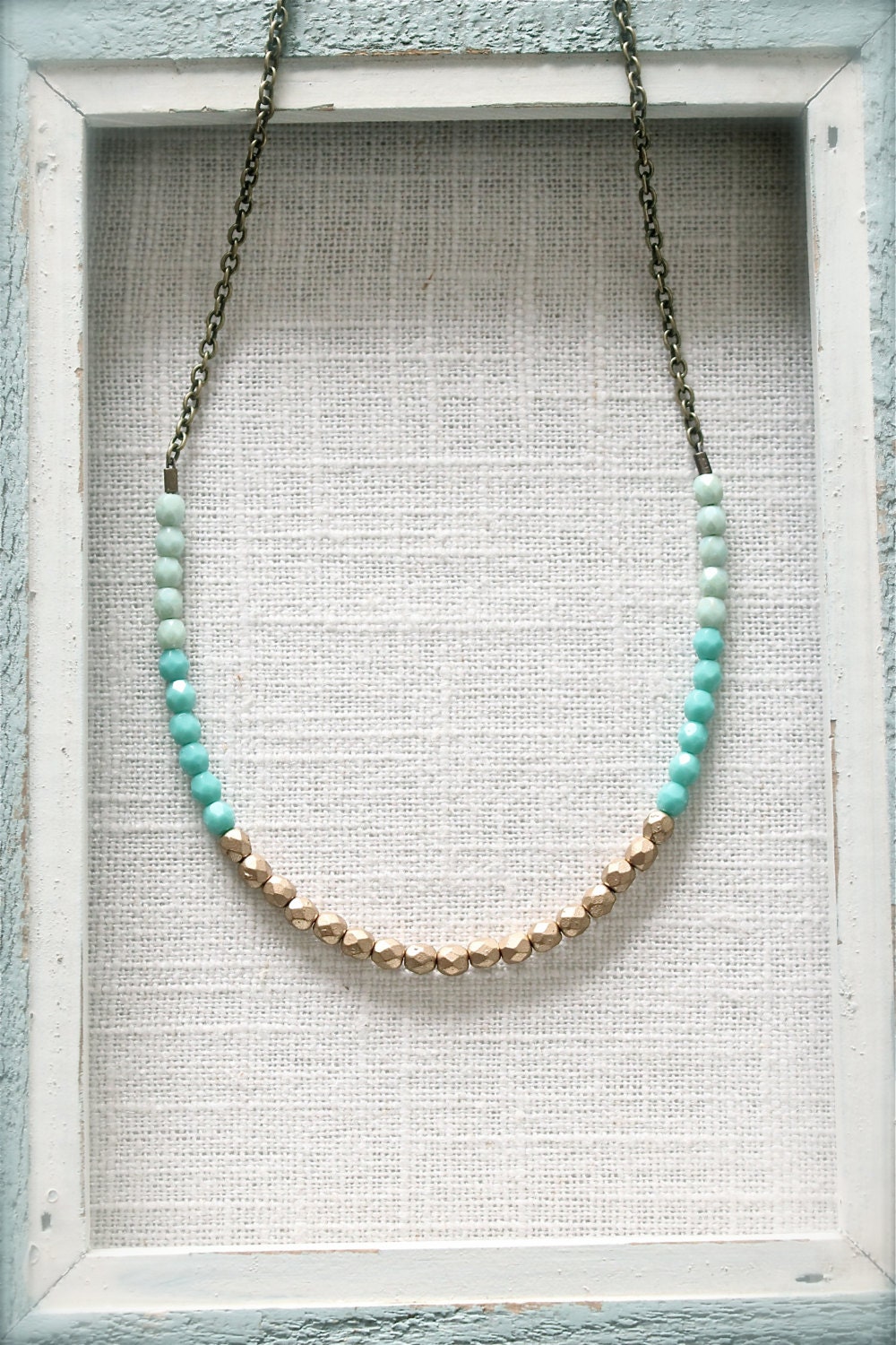 Mint green turquoise and matte gold strand necklace.  Czech glass beads.  Dainty and petite.