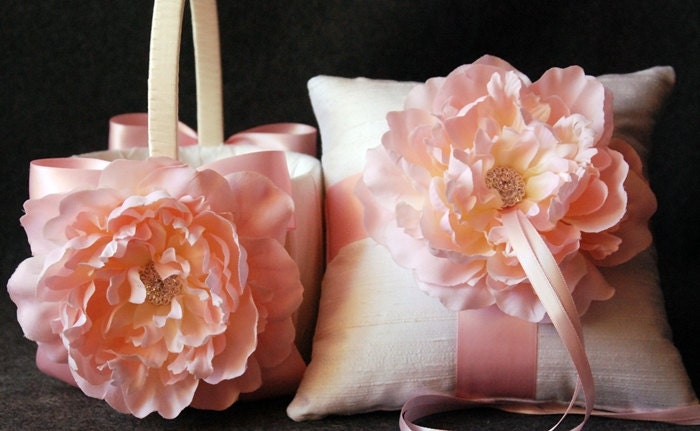 Ring Bearer Pillow and Flower Girl Basket Set - Ivory Silk and Pink Flowers - Rachelle