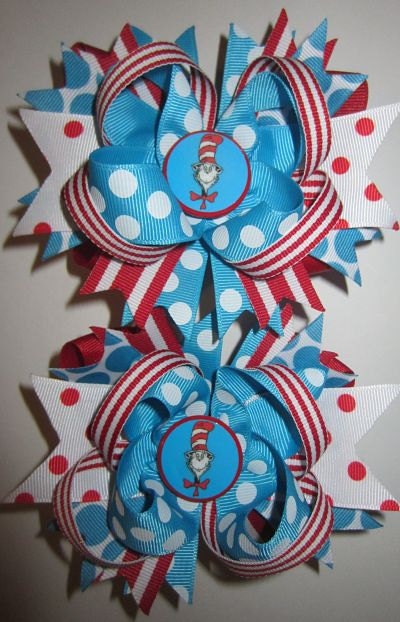 Custom Hair Bows Piggies Pigtails made to match Cat in the Hat Theme Costume Party Il_570xn