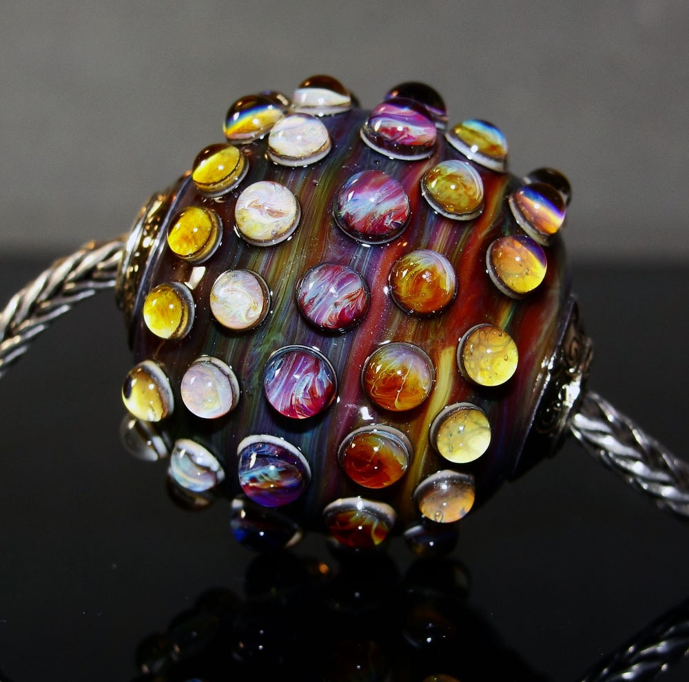 Focal Capped Lampwork glass bead - Big hole lampwork glass bead - Fits Trollbeads - Sterling Silver core - silver bead caps- Elgin