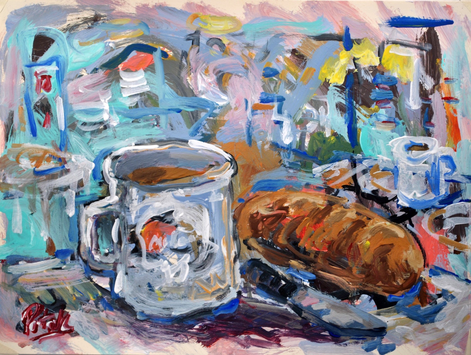 Abstract Painting Modern Art Coffee Cup , Bistro, bread, by Russ Potak