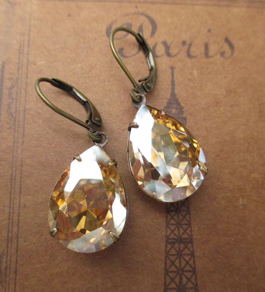 Golden Champagne Earrings Vintage Bride Estate Style Jewelry Downton Abbey Prom Wedding Bridesmaids Gifts CAMBRIDGE Golden