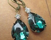 Memorial Day SALE 15% Off May Birthstone Emerald Green Earrings Estate Style Jewelry Bridesmaid Gift Art Deco Earrings Rhinestone Great Gat