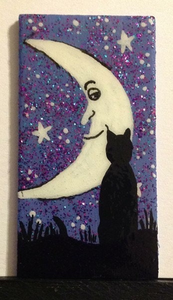 OOAK Tiny Miniature Dollhouse Art 1 x 2 inch Cat & Moon Face on Wood