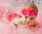 Hot pink Baby headband and hot pink and white Lace Bloomer Set...SALE priced..Hair bow and Diaper Cover...custom sizes available