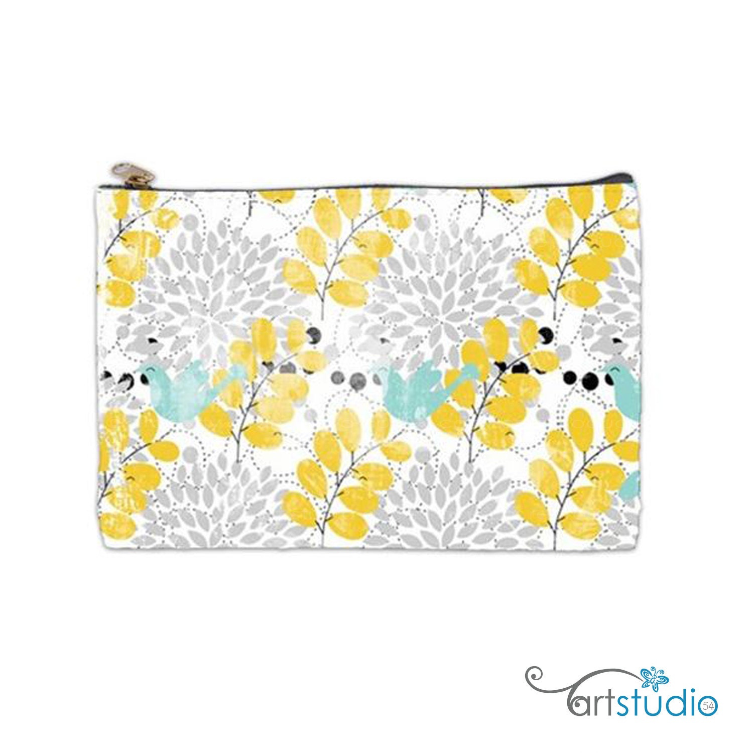 Yellow and Blue Birds Leaves on a Pouch, Make Up, Cosmetic Case Travel Bag - 9" X 6" -  Large -  Made by artstudio54