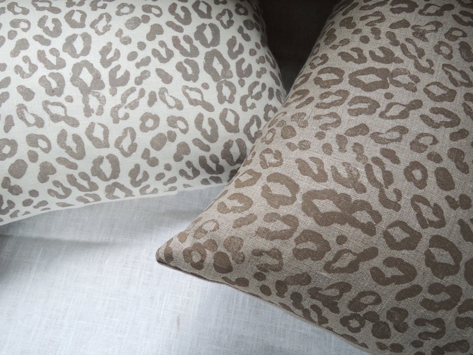 Taupe leopard spot on white or natural gray linen home decor lumbar pillow case