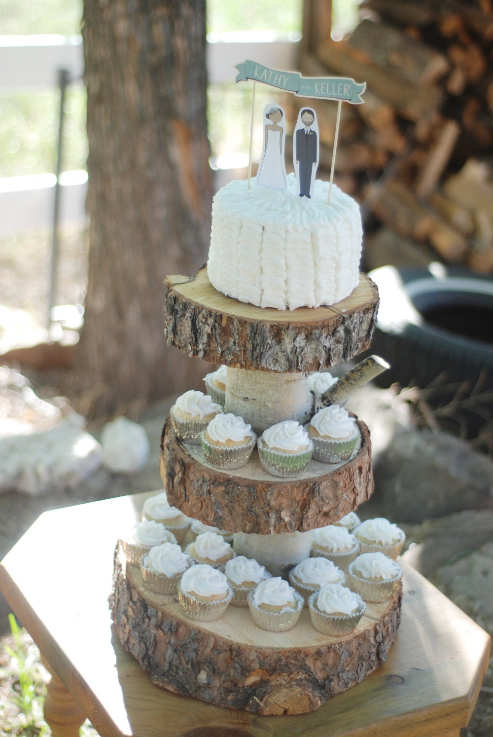 Custom for Justine - sizes 10-12, 14-15, 18 - Rustic Wood Tree Slice 3-tier Cake and Cupcake Stand for your Wedding, Event, or Party