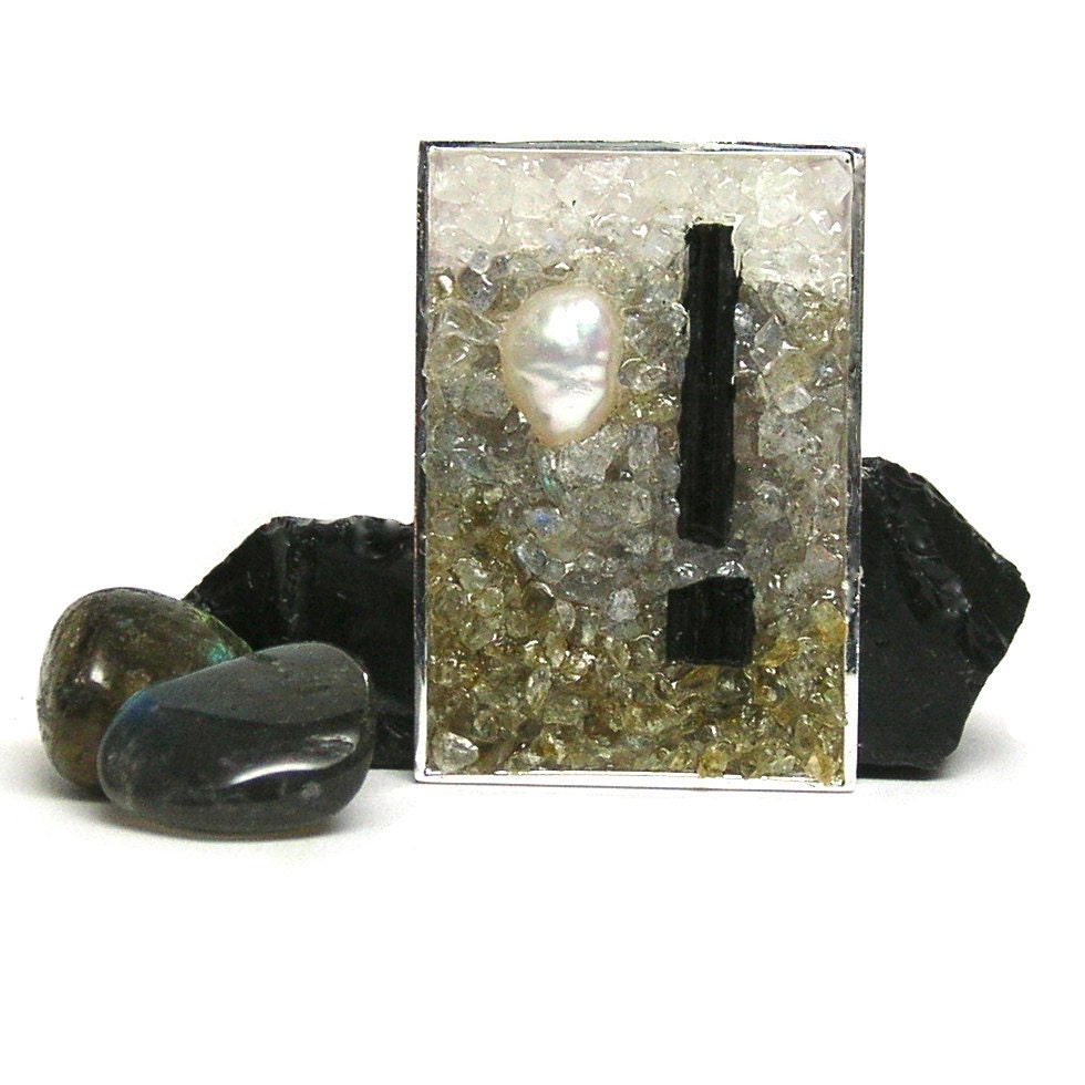 Mosaic Jewelry  - Pearl, Tourmaline, Moonstone and Labradorite Brooch