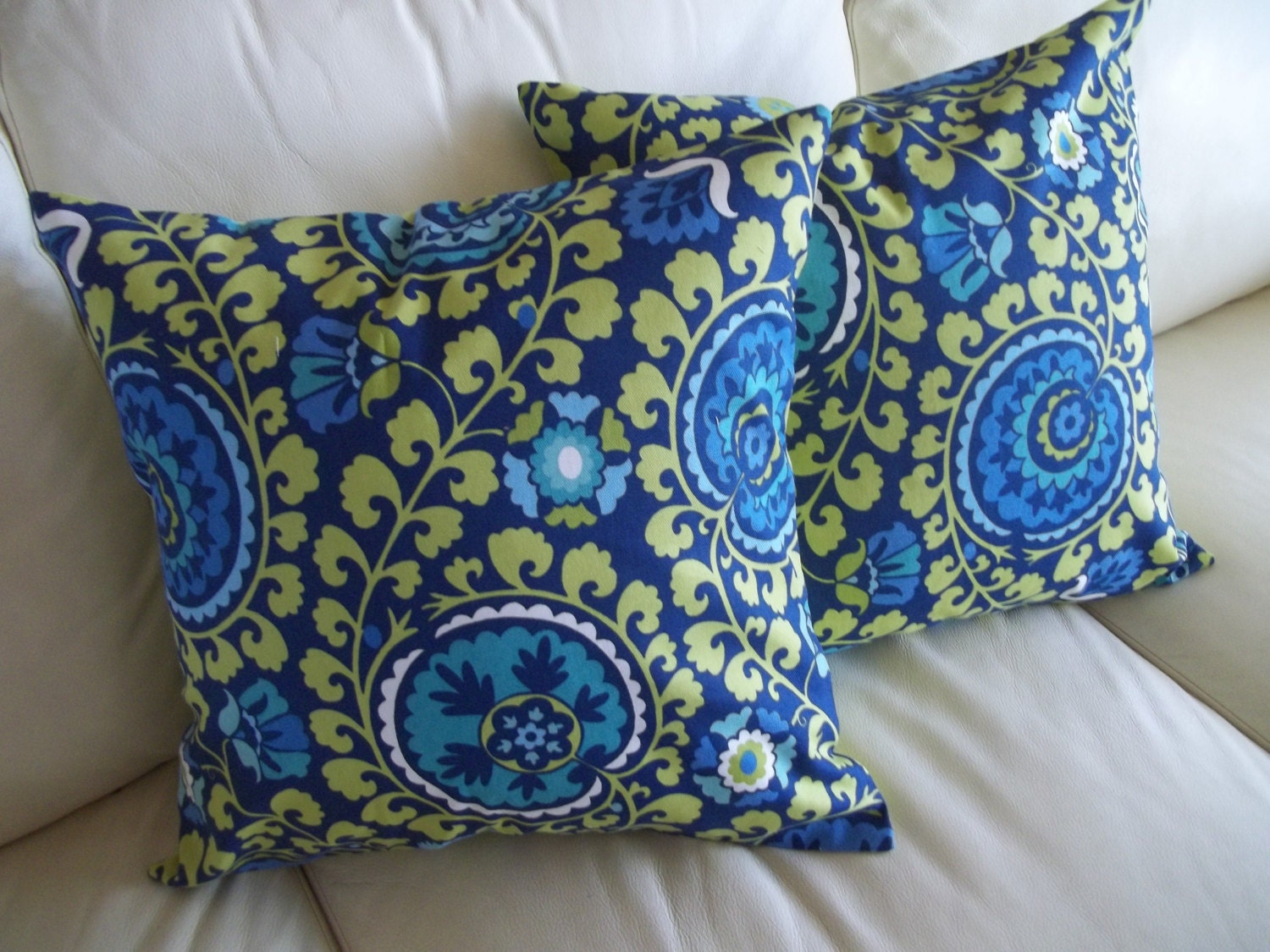 Throw Pillow Cover Set of 2 Modern Art Nouveau Floral Green & Blue 18 x 18