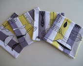 Mid Century Modern Atomic Fabric Coaster Set of 4 Yellow & Gray