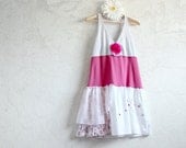 Pink Sundress Women's White Dress Tank Style Recycled Clothing Floral Print Shabby Chic Clothes Eco Friendly Small 'SERA'
