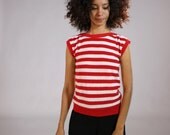 Vintage Red and White Striped Sleeveless Terrycloth Shirt- Women's