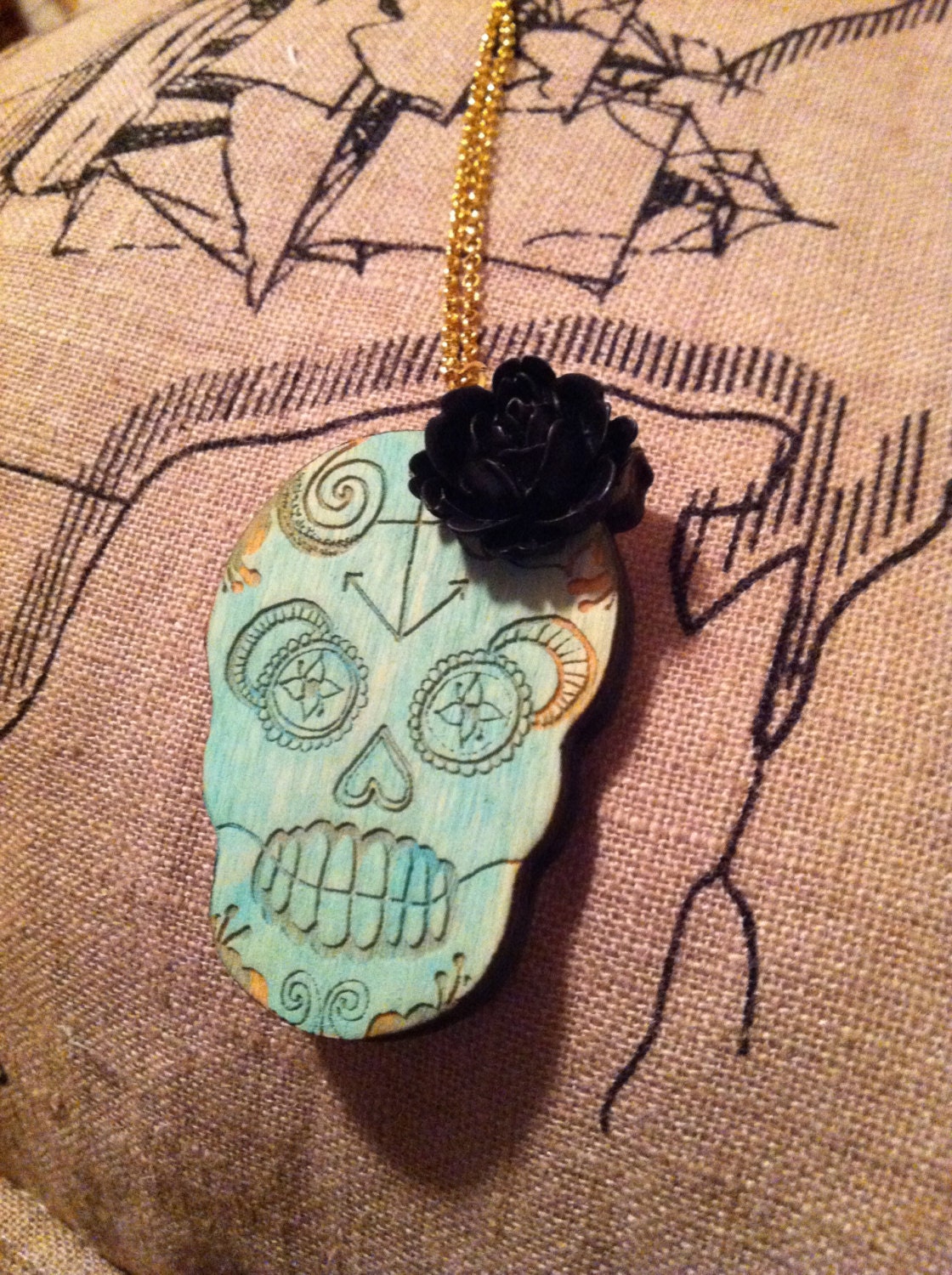 Wooden SSD Sugar Skull Sea green and Black