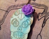 Wooden SSD Sugar Skull sea green and purple