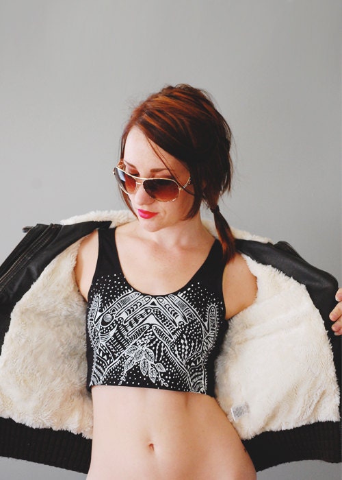 New Age - White and Black Sleeveless Crop Tank Top - By Bark Decor - Hand Printed Tight Crop Top