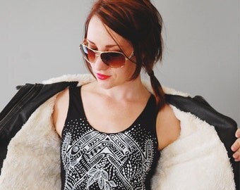 New Age - White and Black Sleeveless Crop Tank Top - By Bark Decor - Hand Printed Tight Crop Bra Top