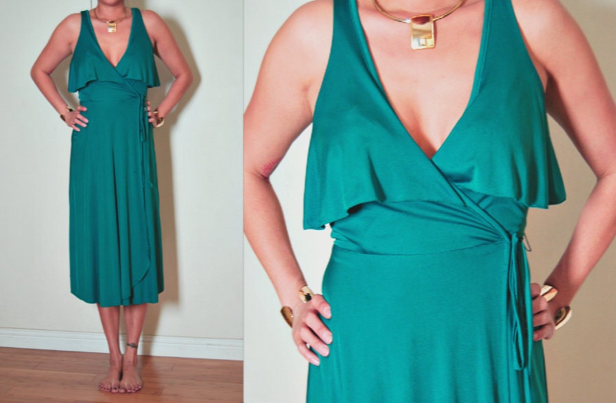 Vtg Teal Ruffle Drape Plunging Wrap Tie Waist Sexy Glam Mini Dress S/M