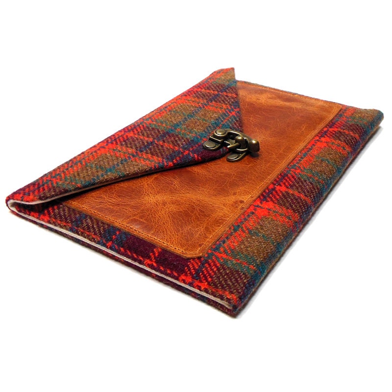 iPad Mini case with a pocket - brown, orange and blue tweed