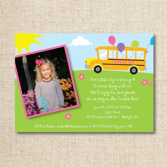 Tumble Bus birthday party invitation with photo (girl), printable file Il_570xn