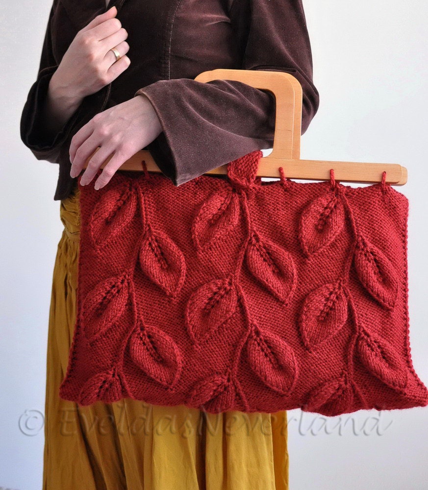 Designer hand knit leafy handbag purse with wooden handles in burnt orange - A Walk Among Trees - eco-fashion LAST ONE AVAILABLE