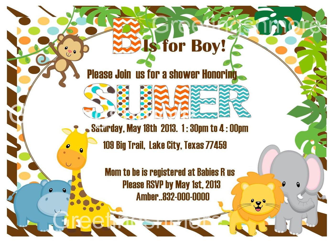Jungle Themed Birthday/ Baby Shower custom digital invitation. DIY ...