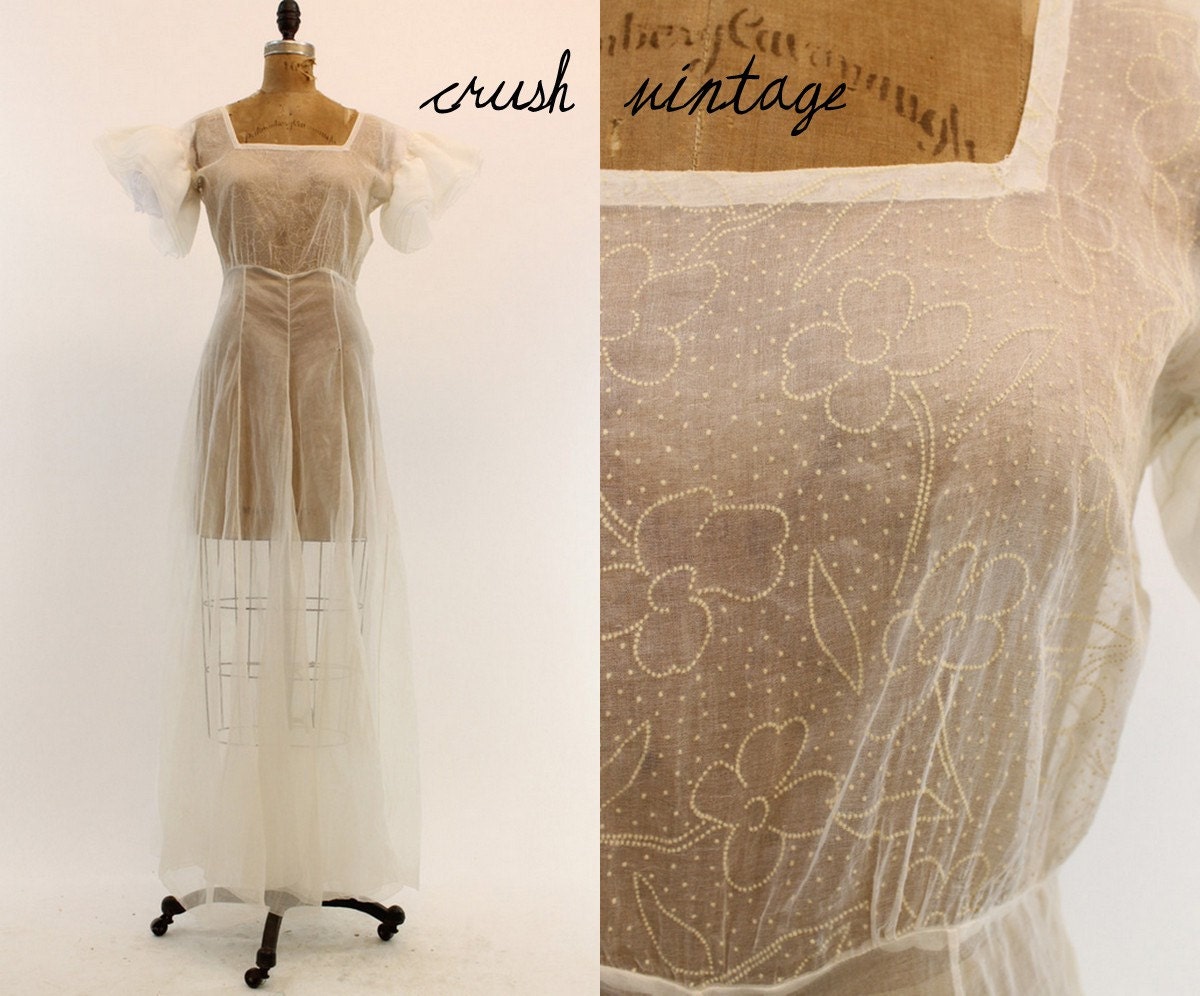 20s Organza Wedding Dress S / 1920s Floral Stitched Dress / The When I Fall in Love Dress