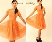50s Dress XXS / 1950s Chiffon Dress / Mango Sorbet Silk Dress